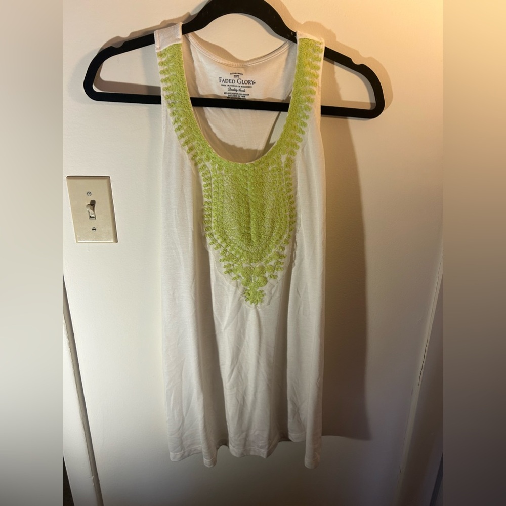 White and green embroidered tank top